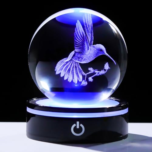 Figura Decorativa Bola de Cristal Colibrí 3D con Base LED