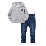Asbabiy Boys' 2 Piece Outfit: Classic Hooded Sweatshirt with Rib - Knit Cuffs/Hem & Denim Jeans with Pockets Set, 4-8Y (Gray-B,5Y(40-42IN))