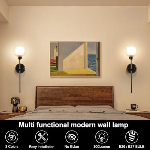 Image of Black double-layer glass wall light, hard wired variable light 3500K-6000K, E26 /E27 bulb, suitable for hallway, living room, bedroom, bathroom, and farmhouse wall-sconces, with bulbs (2 packs)