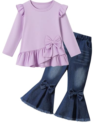 Image of Tainmully Toddler Girl Clothes Solid Color Ruffle Bowtie Top and Flare Pants Set Girls Fall Winter Outfits for 2-7 Years