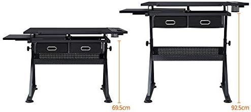 Yaheetech Adjustable Drafting Table, Tiltable Drawing Tabletop with Storage Drawers, Drawing Table Art/Craft Desk with Stool, 120.5x60x(69.5-92.5) cm