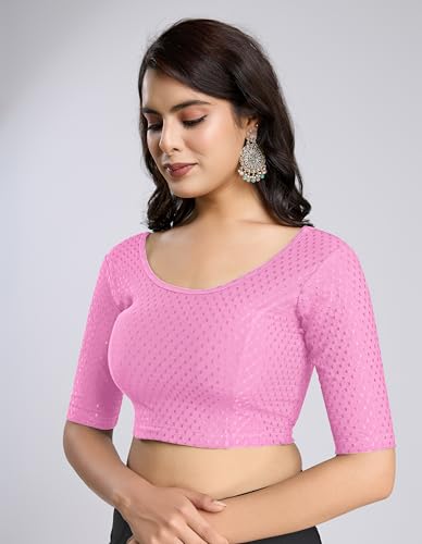 Image of TRENDMALLS Women's Dobby Pure Cotton Elastin Stretchable Readymade Round Neck Elbow Length Sleeves Blouse Choli Stylish Saree Blouse Ready to Wear