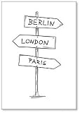 Aimant de réfrigérateur avec motif flèche de la route à trois directions, inscription City Berlin, Londres et Paris
