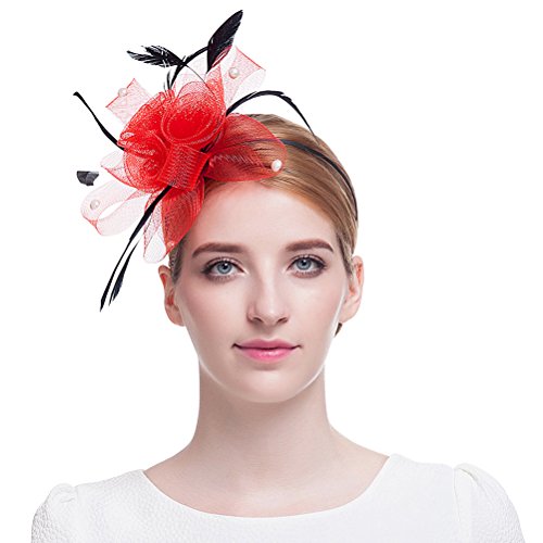 Valdler Womens Girls Flower Feather Mesh Net Beaded Fascinator with Headband Tea Party Derby Hat Wedding Hair Accessory Red