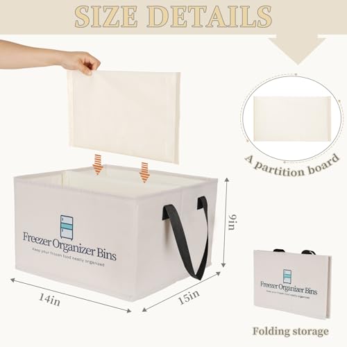 Image of Flenpptly Freezer Organizer Bins, 2 Pack Collapsible Deep Freezer Organizer Bins for 15 inchx14 inchx9 inch, freezer Storage Bins with Removable Dividers, Handles (Light Grey, 2 Pack)