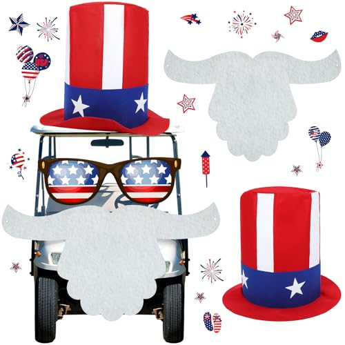 Leyndo 4Th Of July Parade Golf Cart Decoration Kit Independence Day Hat And Cute Beard Patriotic Parade Golf Car Kit For Memorial Independence Day Car Decor