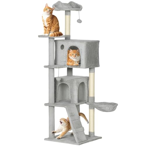 PawHut Tiragraffi per Gatti Alto 160 cm, Albero per Gatti Multilivello con 3 Pali Graffiatoi, 2 Grotte, Cuccia, Amaca, 2 Pompon, Piattaforma e Scala, Torre per Gattini, in Peluche, Grigio Chiaro