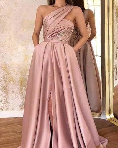 Women's One Shoulder Satin Ball Gown Prom Dresses Long with Slit 2024 Formal Evening Gowns with Pockets3
