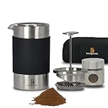 Handpresso Travel Press, cafetiere a piston compacte (INOX) double paroi isolante, 0,35 l (3 Tasses), Kit mini cafetière portable de voyage avec étui de transport, boite pour café moulu