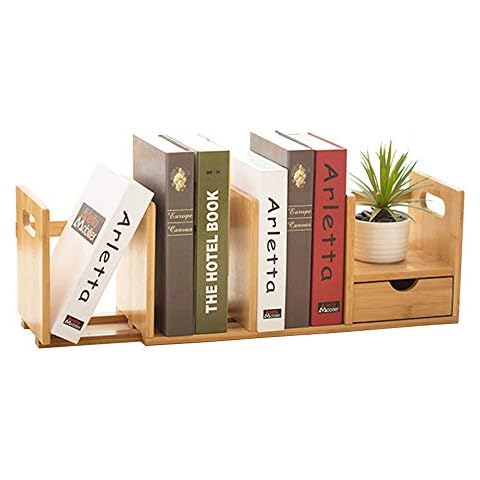 Hggzeg Estantería de escritorio de bambú natural, organizador de escritorio pequeño ajustable, estante de almacenamiento de oficina con cajones Cover