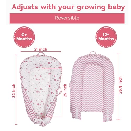 Image of Aila+Aiden Baby Lounger | Organic Cotton Infant Lounger | Reversible, Adjustable & Portable Floor Lounger | Supervised Use | Soft, Breathable, Washable Cover - Star Collection (Pink)