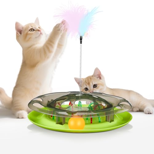 Iptienda Interaktives Katzenspielzeug 3-in-1, Katzen Intelligenzspielzeug mit Federstab & Kugelbahn,Fummelbrett für Intelligenztraining und Beschäftigung, Katzenspielzeug Selbstbeschäftigung