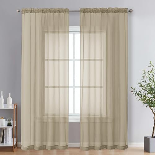 Image of OVZME Taupe Sheer Curtains 84 Inches Long 2 Panels - Soft Light Filtering Window Sheer Panels for Living Room /Bedroom, Top Dual Rod Pocket, 1 Pair, Each 42Wx84L Inches