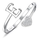 MILACOLATO 925 Sterling Silver Ring 18K White Gold Plated Initial Heart Rings Adjustable Capital Letter Initial Rings for Women Stackable Thumb Pinky Rings Trendy Stuff, E