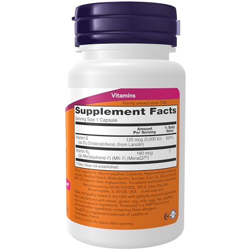 NOW Foods Supplements, Mega D-3 & MK-7 with Vitamins D-3 & K-2, 5,000 IU/180 mcg, Bone & Cardiovascular Support*, 60 Veg Capsules