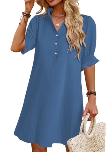 Image of Womens Summer Shirt Dress 2026 Casual Ruffle Short Sleeve Button Down Flowy Swing Shift Mini Dresses with Pockets