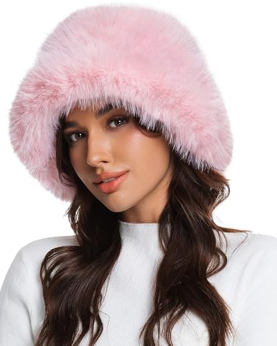 Faux Fur Bucket Hat for Women Wide Brim Adjustable Fuzzy Fisherman Cap Long Pile Fluffy Winter Fashion Hat (US Alpha One Size Medium Pink)