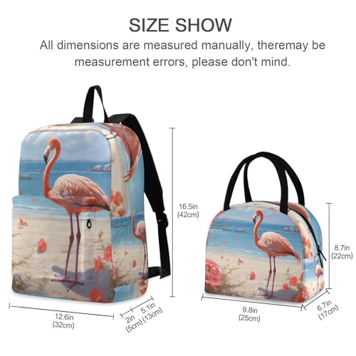 Backpack Lunch Bag Set Beach Flamingo Print, Big Storage Travel Backpacks with Insulated Lunch Box for Office Hiking Picnic2