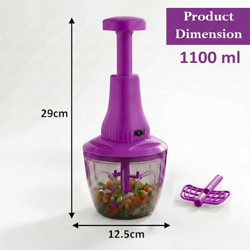 Image of Chopper for Kitchen Use | 1100 ml Round Manual Push Chopper with 5 Blades and Whisker | Chopping Vegetables & Fruits, Onion, Ginger, Garlic, Salad, Tomato, Potato (Purple)