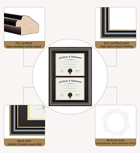 Image of ELSKER&HOME Wood Picture Frame, 16.73x22.64in, Double Mat Black Mat with Golden Rim, Document Frame for 2 8.5x11in Certificates, Diploma, Wall Mount