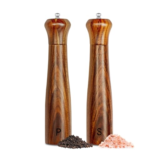 Pepper Grinder Set,Haomacro 10Inch Updated Manual Wooden Pepper Shaker Set,Oak Wood Salt Mill Pepper Grinder Set Refillable with Adjustable Ceramic Rotor 2Pcs