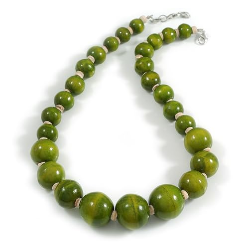 Collier de perles rondes en bois vert citron de 52 cm pour femme