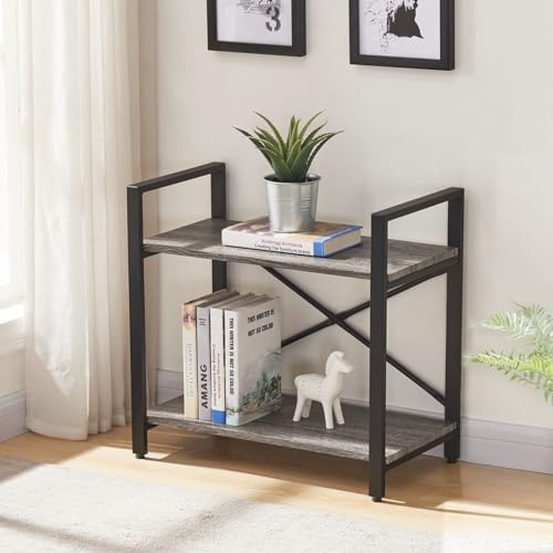 BON AUGURE Small Bookshelf for Small Space, 2 Tier Shelf Floor Bookcase for Storage, Industrial Low Short Wood Metal Book Shelves for Bedroom, Office and Living Room(Dark Gray Oak)