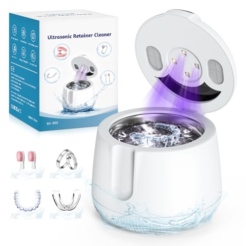 Topertrual Ultrasonic Retainer Cleaner Machine with 4 UV Lights IPX5 Waterproof 48kHz Ultrasonic Cleaner with Digital Timer & 4 Modes Dentures Braces Toothbrush Heads Jewelry with 200ML Capacity