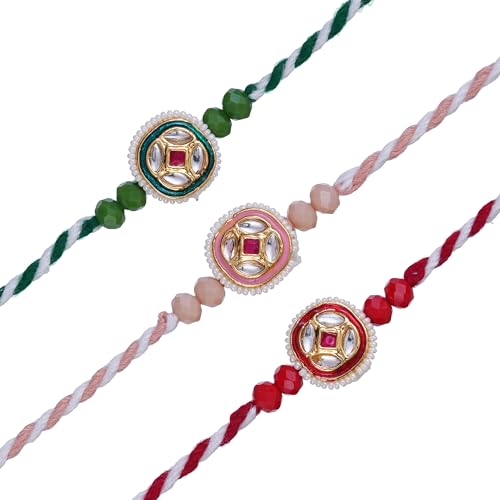 Image of eCraftIndia Multicolor Set of 3 Semi Precious Stone Designer Rakhis with Roli Chawal Pack - Rakhi for Brother
