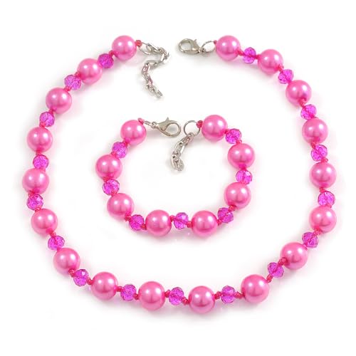 Collar de perlas de imitacion cortas color rosa y pulsera de cristal Avalaya para regalo de mujer