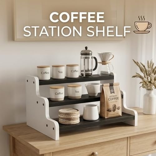 Image of Wooden 3 Tier Kitchen Organizer Rack for Countertop | Spice Rack Stand for Kitchen Counter | Masala Storage Shelf | Multipurpose Kitchen Storage Rack - Black-White