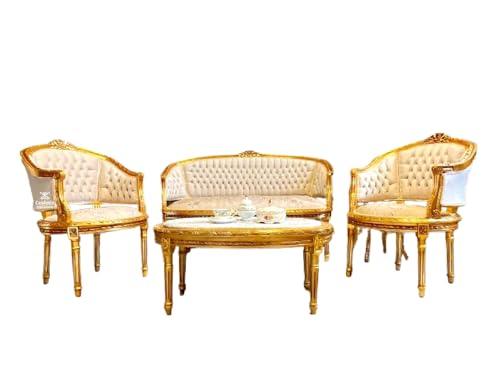 Sofa-Set im Retro Stil Französischer Barock und Rokoko Stil Beige, florales Damast Lounge Couch Set Handgefertigt Antiker Stil für Wohnzimmer Heimdekoration