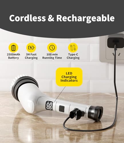 Image of Electric Spin Scrubber, Cordless Household Cleaning Brush with 6 Replaceable Heads, 3 Speeds, LED Display, Lightweight Handheld Power Scrubber for Cleaning Stove /Bowl /Sink /Corner /Tile /Grout-White