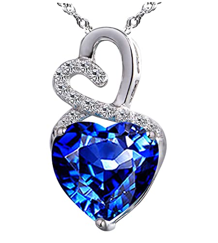 The Diamond Deal Lab-Created Blue Sapphire Gemstone September Birthstone Heart And Diamond Accent Pendant Necklace Charm In 10K White Gold #TOP6
