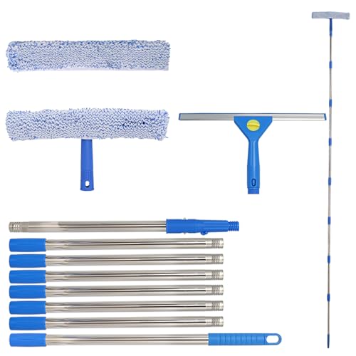 Teleskop Fensterwischer Set mit 3m Edelstahl-Verlängerungsstange–2in1 Fensterreiniger mit Mikrofaserpad & Abzieher,Mehrteilige Auszieh-Stange für Hohe Fenster, Wintergärten,Terrasse & Außenverglasung