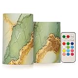 Marble Sage Green Yellow Flameless Candles Led Pillar Candles with Remote Control for Living Room 4' 5' Set of 2