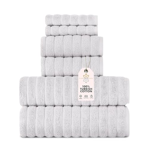 Classic Turkish Towels 6 Piece Heavy Duty Fast Drying Bath Sets Made with 100% Turkish Cotton - Includes 2 Fingertip Towels (Mist Grey)