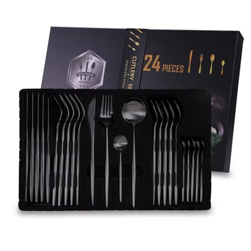 Image of Charcoal Black Silverware Set | 24-Piece Satin Finish French Style Stainless Steel Flatware | Elegant Giftable Box | Dishwasher Safe Cutlery for Home, Restaurants & Corporate Gifting