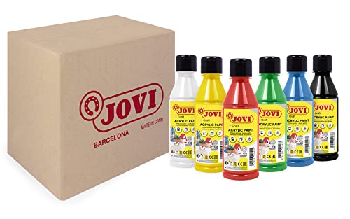 Jovi   Pintura Acrílica, 6 botes de 250ml, Colores primarios, Alto poder cubriente, Se aplica fácilmente sobre cualquier superfície, Sin gluten