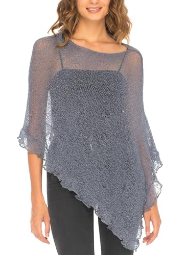 Image of SHU-SHI Women's Sheer Knit Poncho Shrug Lightweight Asymmetrical Ruffle Wrap Dressy Summer Shawl Cover Up Top