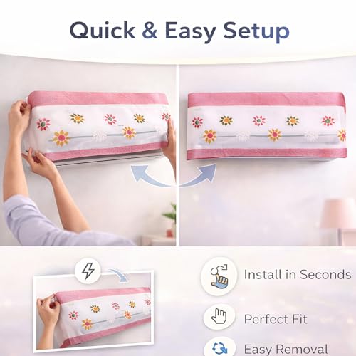 Image of Cotton Net Split AC Cover Indoor Unit for 1.5 Ton Capacity AC, Premium Work Indoor AC Dust Protection Cover Designer Summer Ac Cover for 1.5 Ton Ac (38 X 15.35 X 7.8 inch, Pink Flower)
