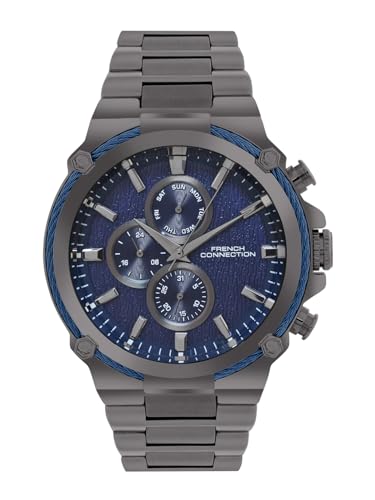 Image of French Connection Astro Multifunction Blue Round Dial Stainless Steel Strap | Casual | Premium | See Through Feature | Sunray Feature Wrist Watch for Men - FCH18GNM