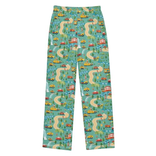 Colorful Transportation Cars on Street Pajamas Bottoms with Pockets Comfy Pjs Sleepwear Elastic Waistband Pajamas Pants Lounge Pants for 6-14 Years