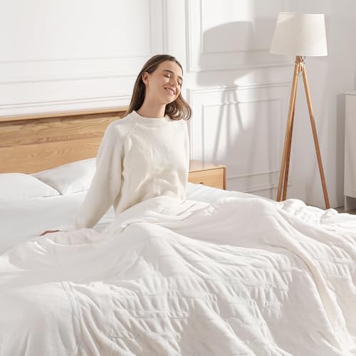 Queen Electric Blanket 84''X90'' Dual Control Heated Blanket - Soft Silky Plush Heating Blanket with 5 Heating Level & 10 Hour Auto Off, ETL Certified & Machine Washable for Grandma Gifts(Cream)