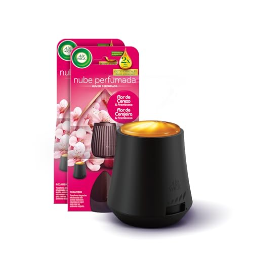 Air Wick Essential Mist - Ambientador difusor de aceites esenciales que brilla al liberar vapor - Aparato + 2 recambio con aroma a Flor de Cerezo