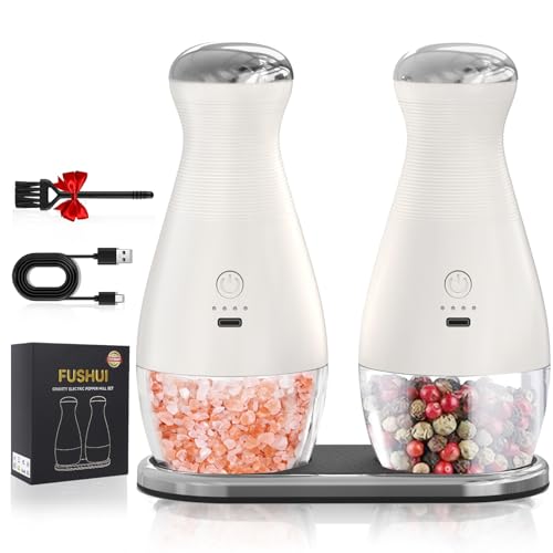 FUSHUI Gravity Electric Salt and Pepper Grinder Set, USB Rechargeable with Warm LED, Automatic & Adjustable Coarseness, Kitchen Gadgets, Housewarming Gifts for New Home, Cooking Gifts for Men & Women