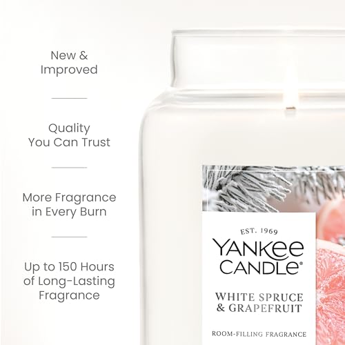 Yankee Candle Large Jar Scented Candle with up to 150 Hour Burn Time, Premium Plant Wax Blend for Consistent Burn, 22 oz Jar Candle with Room Filling Fragrance, White Spruce & Grapefruit