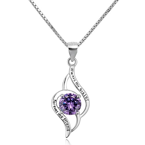 Charmed Craft 925 Sterling Silver Necklace Always My Sister Forever My Friend Necklaces Pendant Crystal 18'' (Purple)