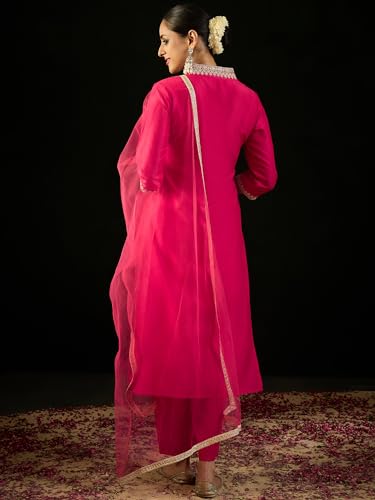 Image of INDO ERA Womens Silk Blend Embroidered Straight Kurta Pant Dupatta Set (KH9RP7952)