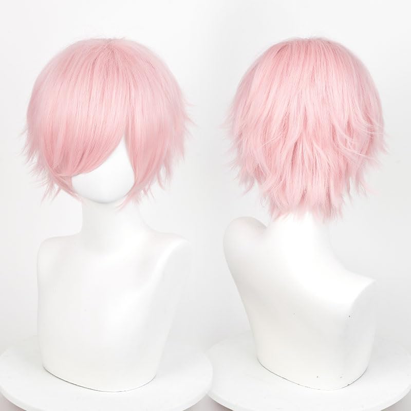 Image of LABEAUTE Unisex Short Light Pink Cosplay Wig Male Man Woman With Bangs Anime Fluffy Cosplay Hair Wigs for Party and Halloween for Gift + Free Cap